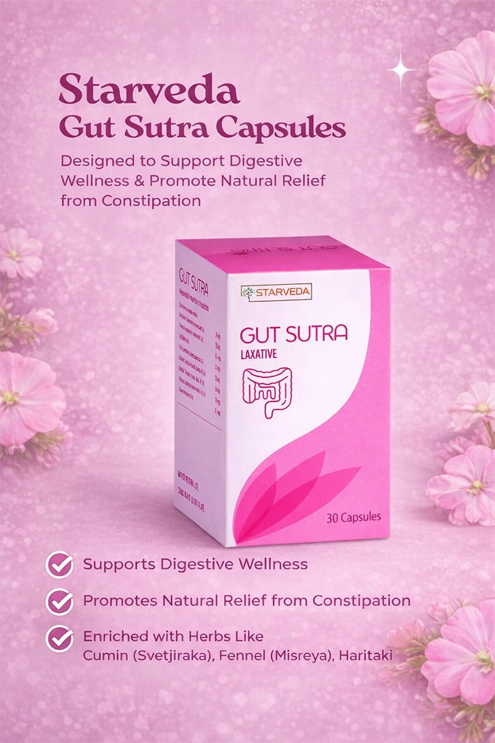 Starveda Gut Sutra Capsules-designed to support digestive wellness and promote natural relief from constipation enriched with herbs like Cumin (Svetjiraka), Fennel (Misreya), Haritaki- 30 capsules (Pack of 2)