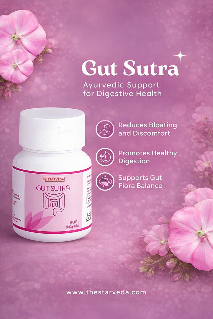 Starveda Gut Sutra Capsules-designed to support digestive wellness and promote natural relief from constipation enriched with herbs like Cumin (Svetjiraka), Fennel (Misreya), Haritaki- 30 capsules (Pack of 2)